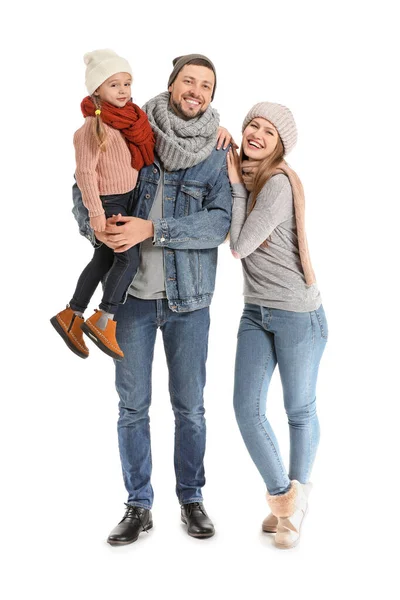 Retrato de familia feliz en ropa de otoño sobre fondo blanco —  Fotos de Stock