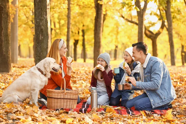 Familia feliz haciendo un picnic en el parque de otoño —  Fotos de Stock