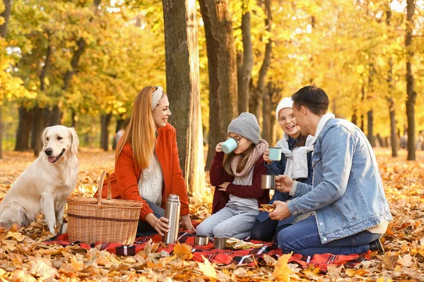 Família feliz fazendo piquenique no parque de outono — Fotografia de Stock