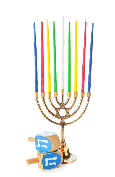 Menorah con dreidels para Hanukkah sobre fondo blanco —  Fotos de Stock