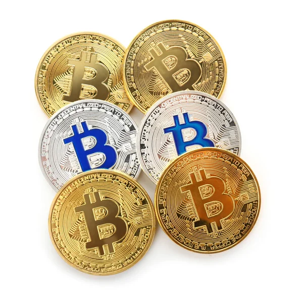 Golden and silver bitcoins on white background — Stock Photo, Image