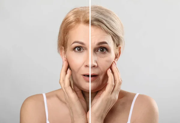 Retrato de comparação de mulher madura sobre fundo claro. Processo de envelhecimento — Fotografia de Stock