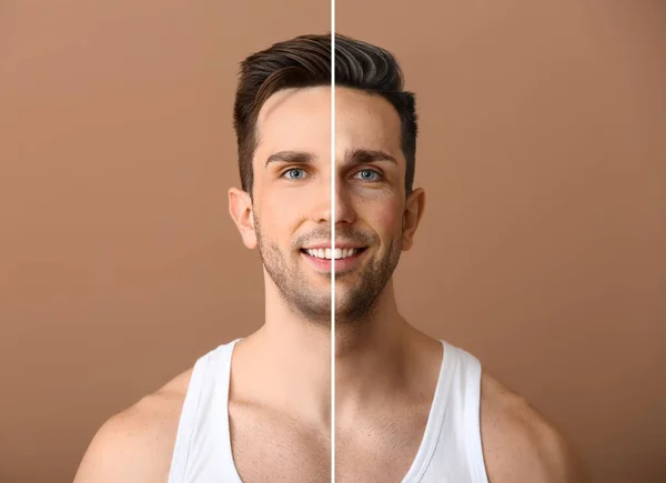 Összehasonlítás portré ember színes háttér. Az öregedés folyamata — Stock Fotó