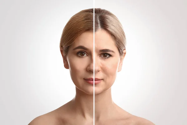 Porovnávací portrét ženy na světlém pozadí. Proces stárnutí — Stock fotografie