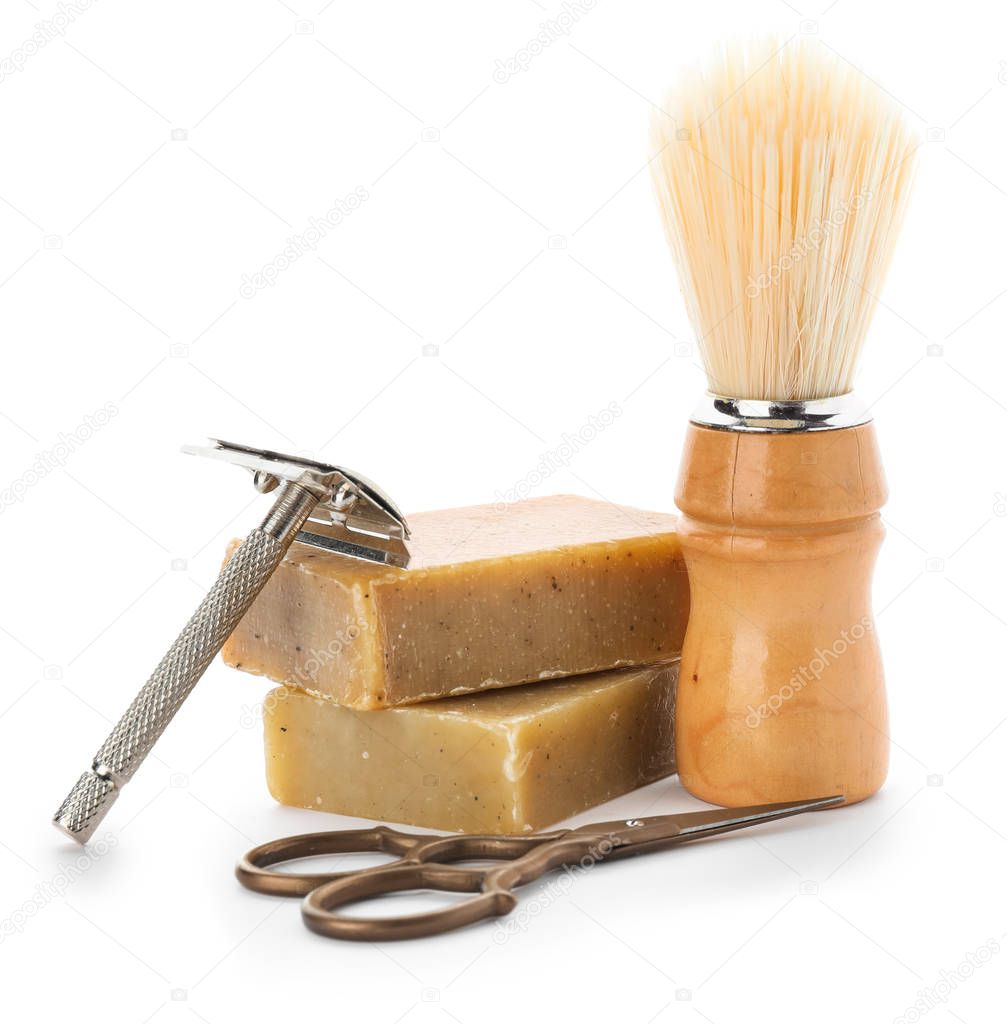 Set for male shaving on white background