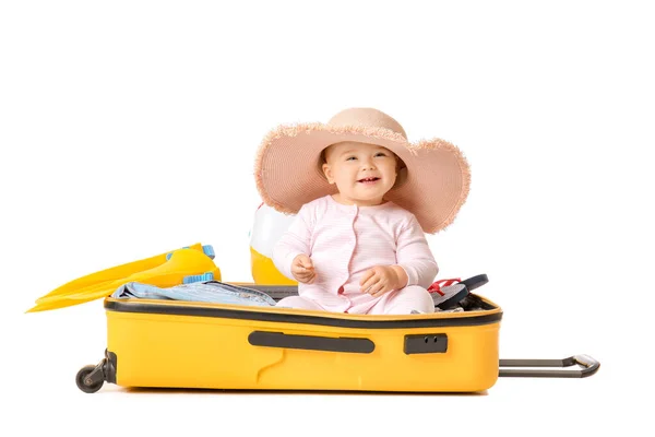 Bambino carino con valigia e oggetti su sfondo bianco — Foto Stock