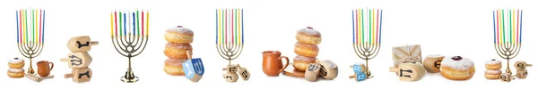 Set con menorah, dreidels y donuts para Hannukah sobre fondo blanco — Foto de Stock