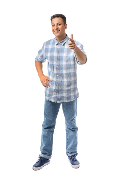 Portrait of handsome young man pointing at viewer on white background — Stock Photo, Image