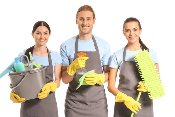 Equipe de zeladores em fundo branco — Fotografia de Stock