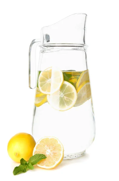 Jug of fresh lemonade on white background — Stock Photo, Image