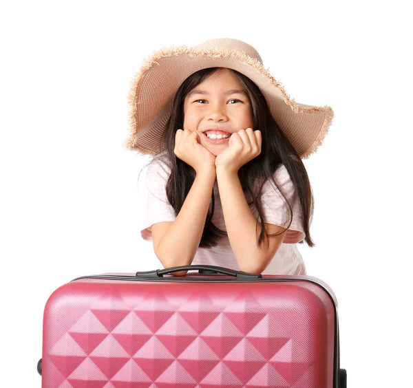 Cute girl z walizką na białym tle — Zdjęcie stockowe