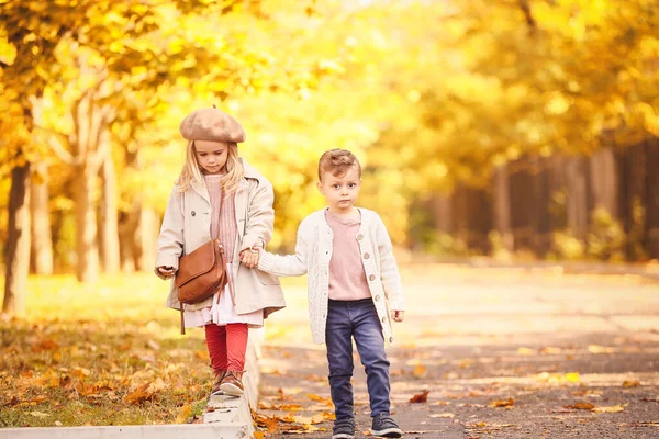 Cute little children walking in autumn park — Stock Photo, Image