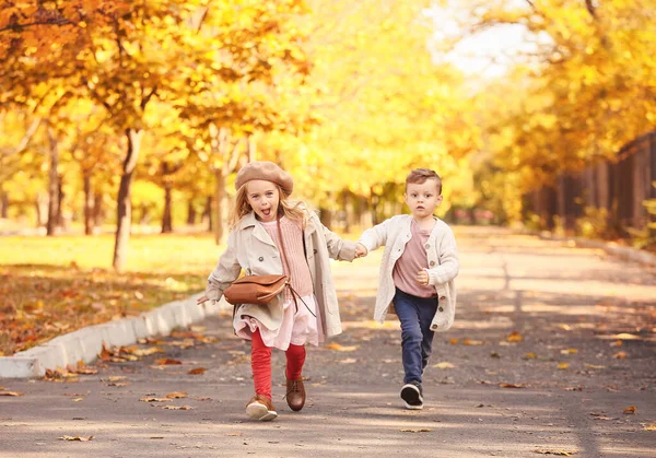 Niedliche kleine Kinder haben Spaß im Herbstpark — Stockfoto