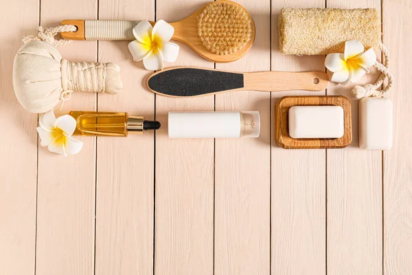 Set of bath items on wooden table — Stock Photo, Image