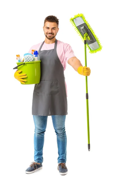 Manliga vaktmästare med rengöringsmateriel på vit bakgrund — Stockfoto