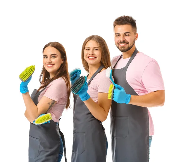 Equipe de zeladores em fundo branco — Fotografia de Stock