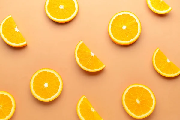 Fresh orange slices on color background — Stock Photo, Image