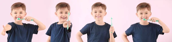 Set con lindo niño cepillarse los dientes en el fondo de color —  Fotos de Stock