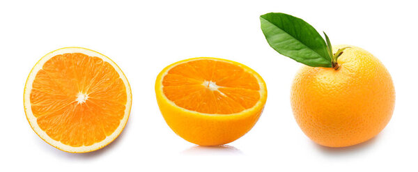 Ripe juicy oranges on white background