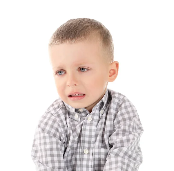 Retrato de menino triste no fundo branco — Fotografia de Stock