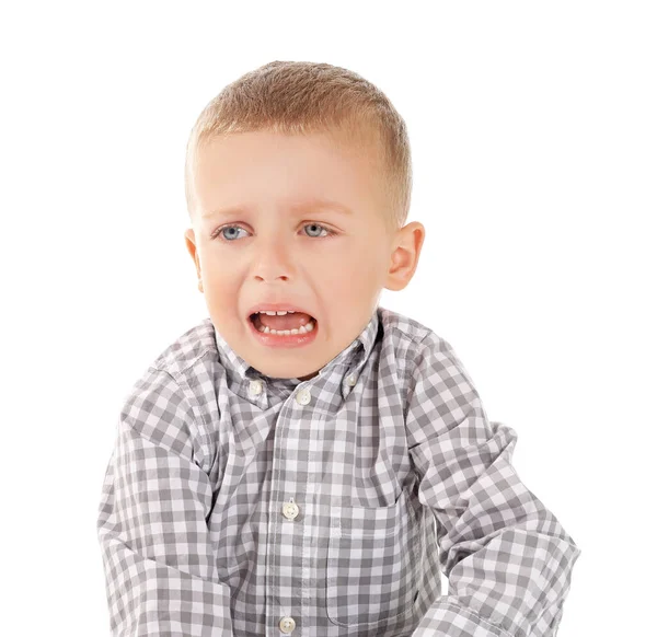 Retrato de menino triste no fundo branco — Fotografia de Stock