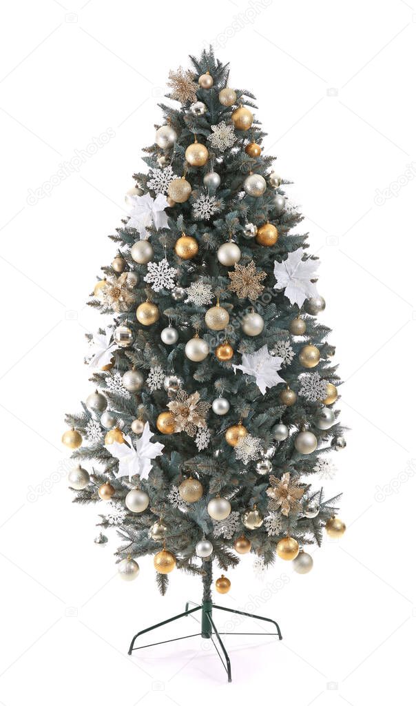 Beautiful decorated Christmas tree on white background