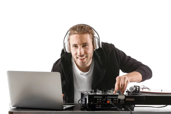 Male dj playing music on white background — Stock Photo, Image