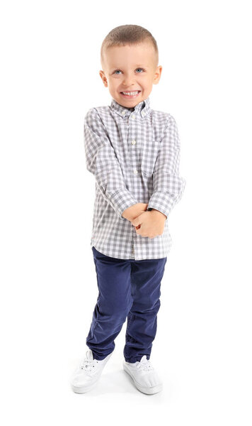 Portrait of cute little boy on white background