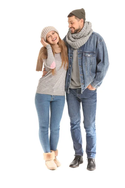 Retrato de casal feliz no fundo branco — Fotografia de Stock