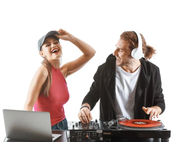 Young djs playing music on white background — Stock Photo, Image