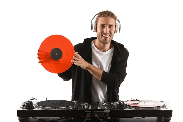 Erkek Dj beyaz arka planda müzik çalma — Stok fotoğraf