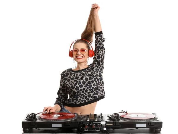 Female dj playing music on white background — Stock Photo, Image