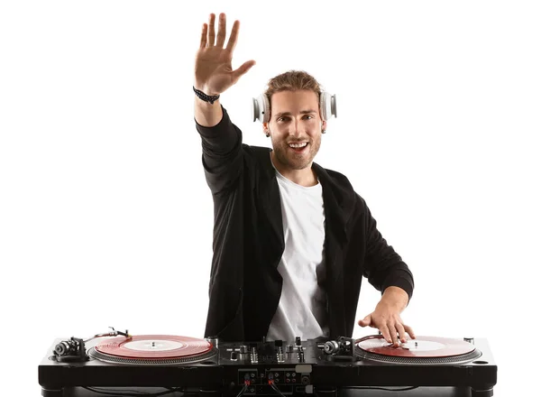 Male dj playing music on white background — Stock Photo, Image