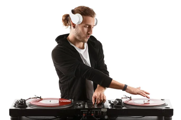 Male dj playing music on white background — Stock Photo, Image