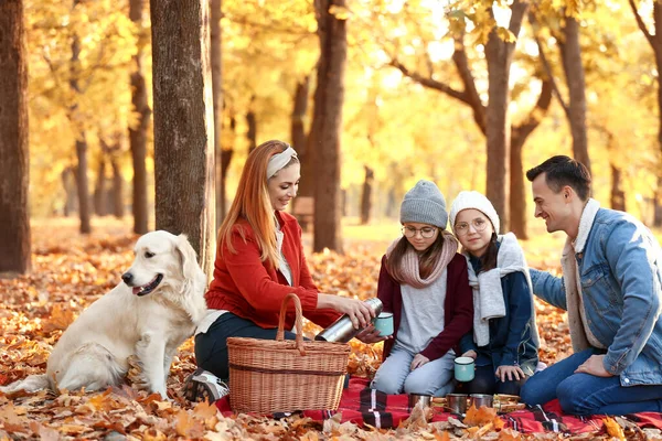 Familie fericită cu picnic în parcul de toamnă — Fotografie, imagine de stoc