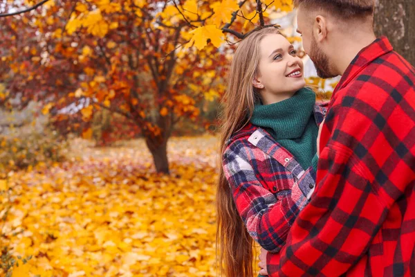 Amar pareja joven en el parque de otoño —  Fotos de Stock