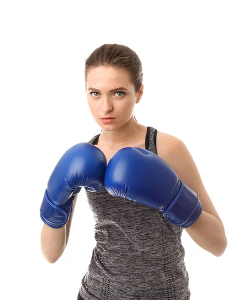 Sporty female boxer on white background — Stock Photo, Image