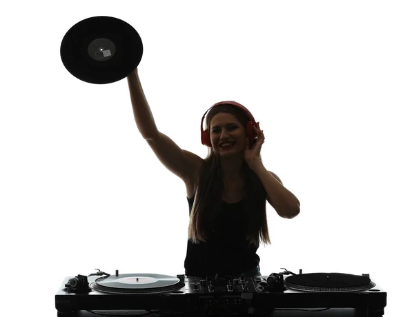Silhouette of female dj playing music on white background — Stock Photo, Image