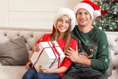 Mutlu genç çift evde Noel hediyesiyle