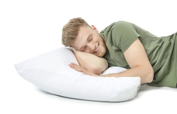 Bello addormentato uomo su sfondo bianco — Foto Stock