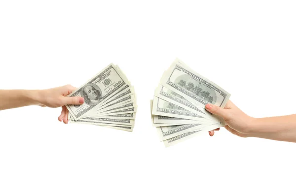 白地にドル紙幣の女性の手 — ストック写真