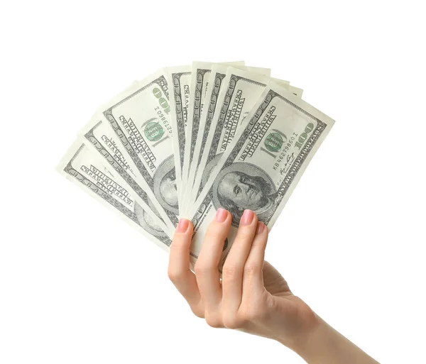 Mano femenina con billetes de dólar sobre fondo blanco — Foto de Stock