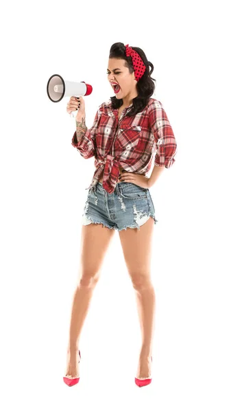 Portrait of beautiful tattooed pin-up woman with megaphone on white background — Stock Photo, Image