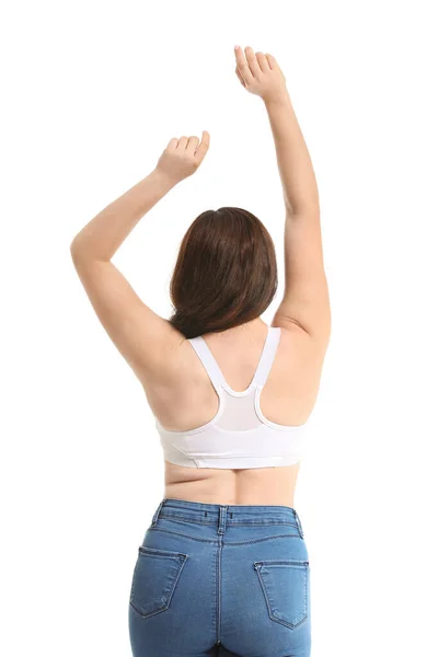 Giovane donna corpo positivo su sfondo bianco — Foto Stock