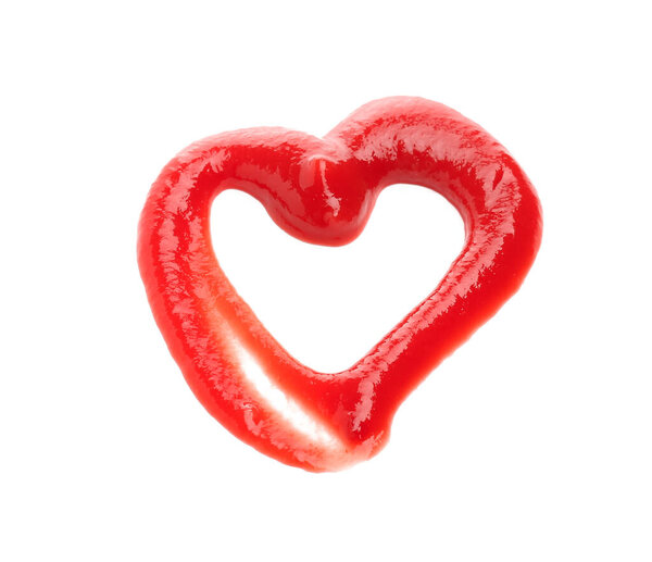 Heart made of tasty tomato sauce on white background