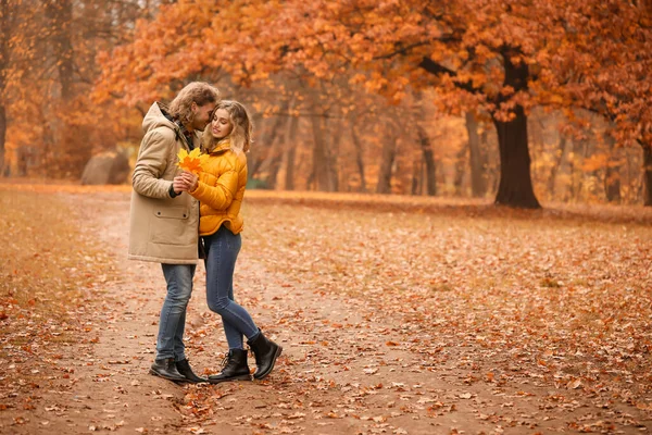 Giovane coppia in parco il giorno d'autunno — Foto Stock