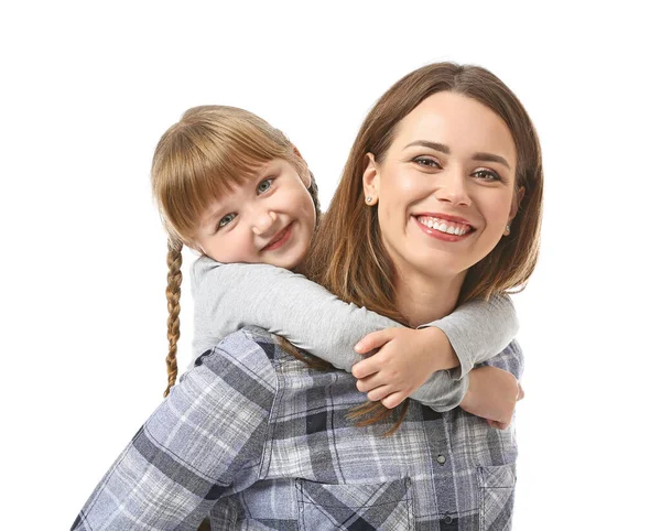 Retrato de madre e hija felices sobre fondo blanco — Foto de Stock