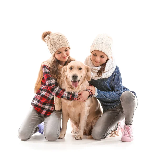 Chicas felices en ropa de otoño y con perro sobre fondo blanco —  Fotos de Stock