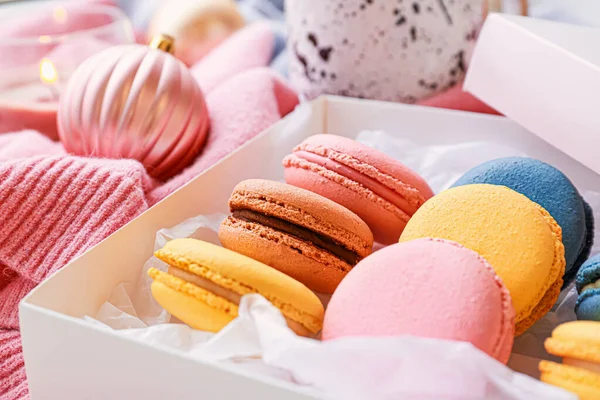Different tasty macarons on table, closeup — Stock Photo, Image