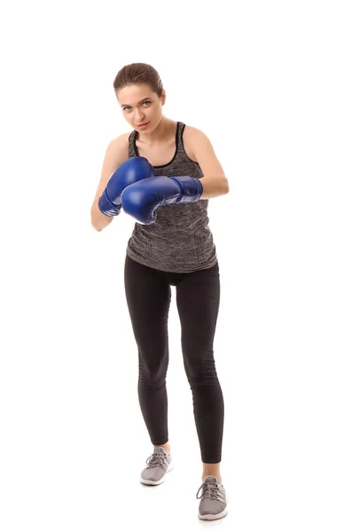 Sportowy bokser kobiece kobieta na białym tle — Zdjęcie stockowe